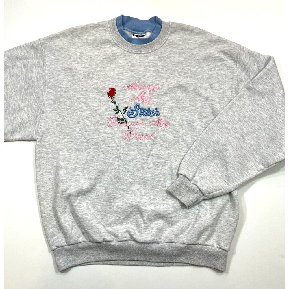 Jerzees Vintage Sister‎ Friend Embroidered Graphic Crewneck Sweatshirt 90s Y2K